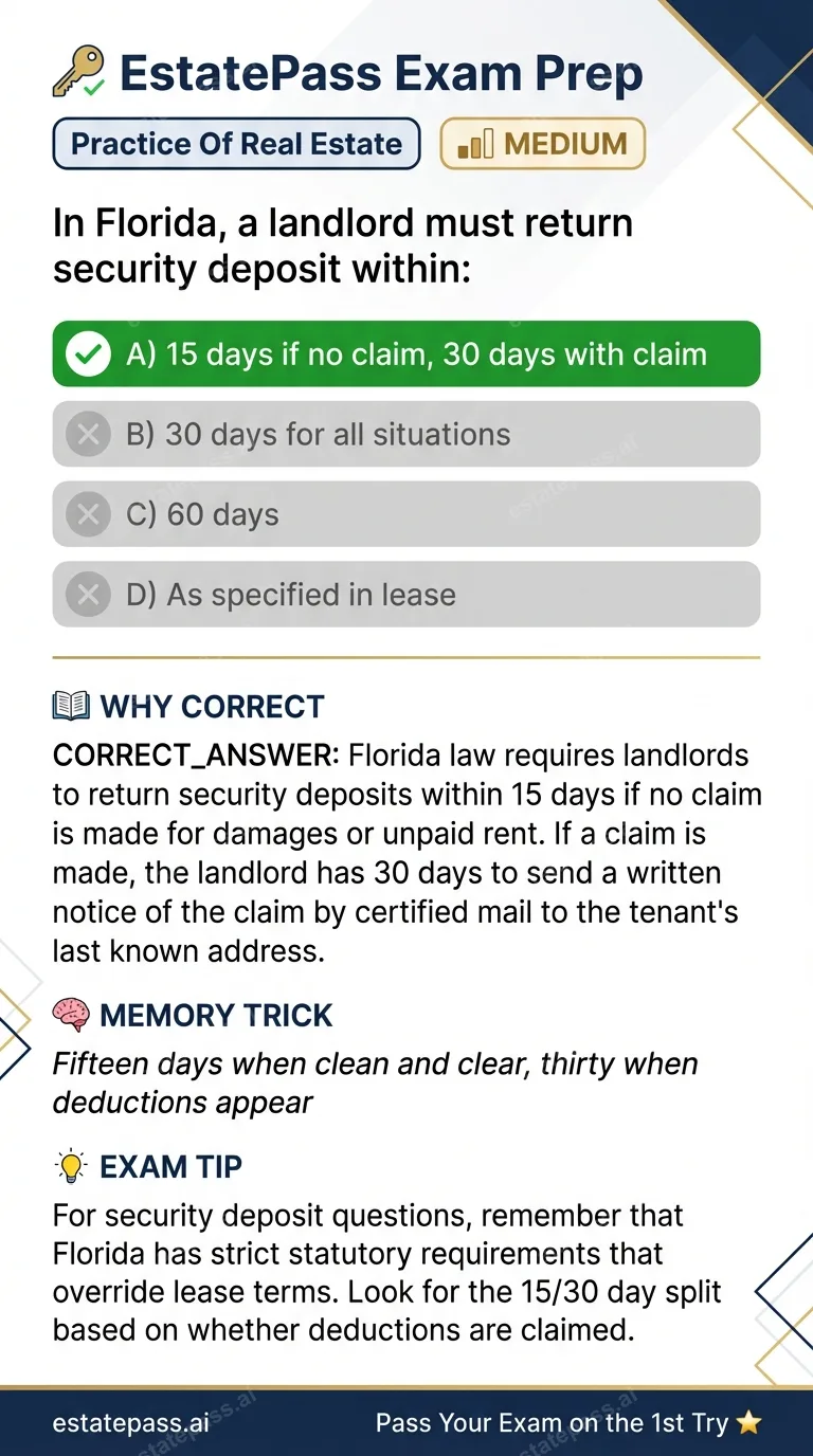 Study card infographic for: In Florida, a landlord must return security deposit within: