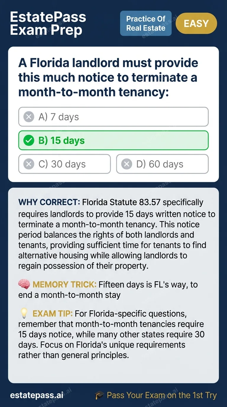 Study card infographic for: A Florida landlord must provide this much notice to terminate a month-to-month t