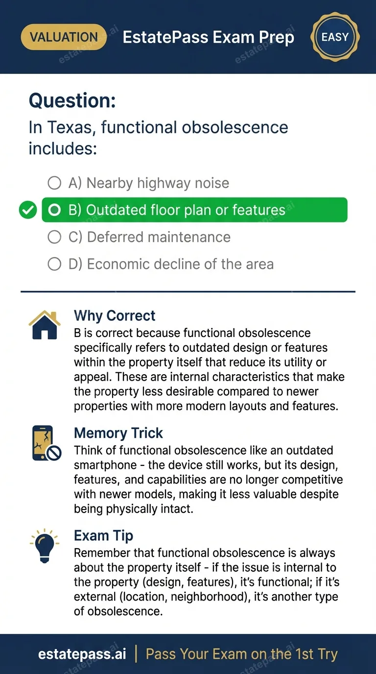 Study card infographic: In Texas, functional obsolescence includes: