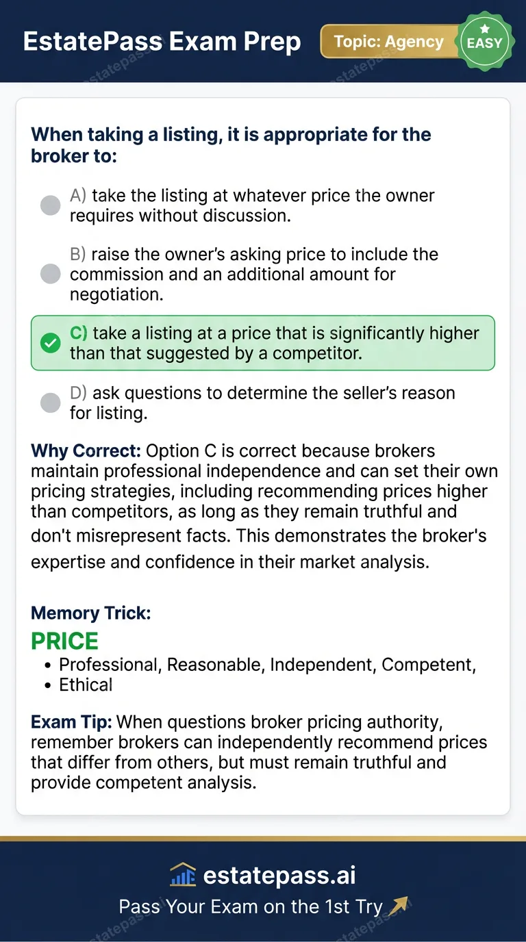 Study card infographic for: When taking a listing, it is appropriate for the broker to: