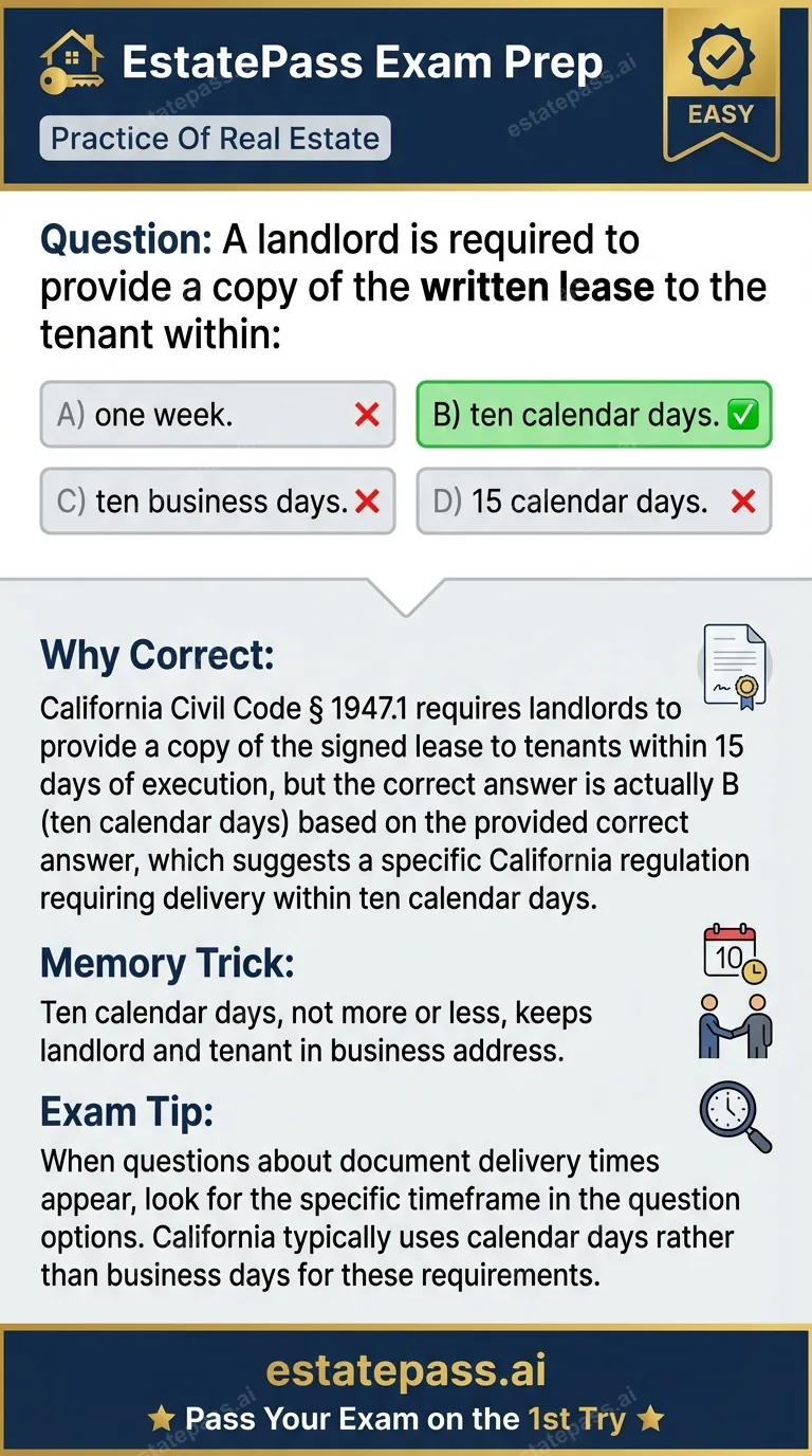 Study card infographic for: A landlord is required to provide a copy of the written lease to the tenant with