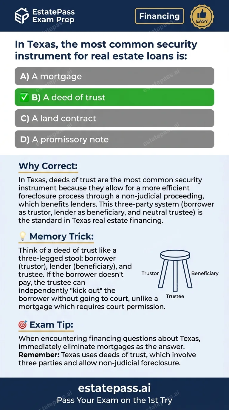 Study card infographic for: In Texas, the most common security instrument for real estate loans is: