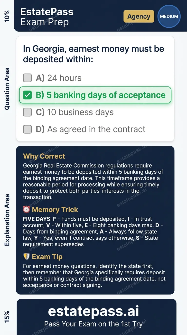 Study card infographic for: In Georgia, earnest money must be deposited within: