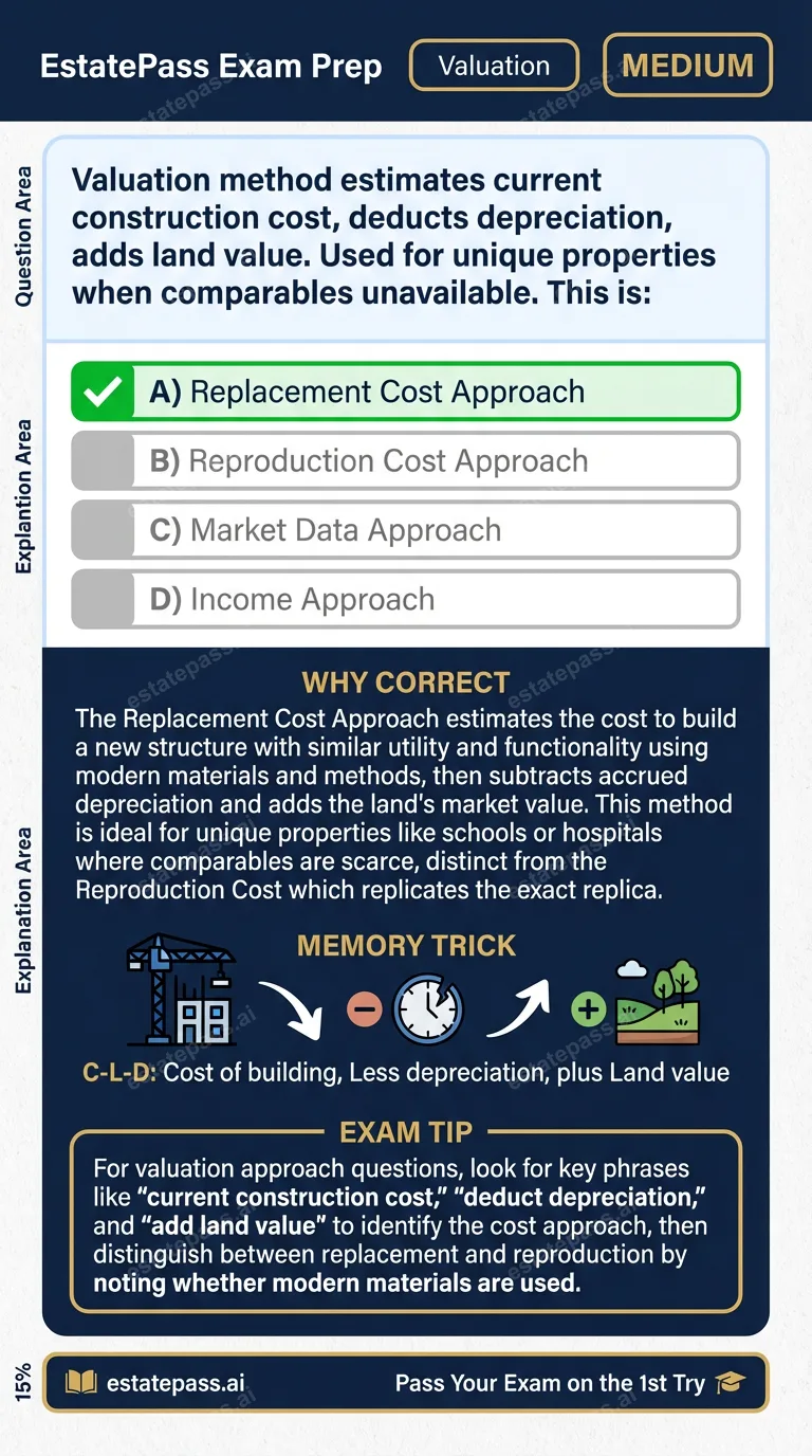 Study card infographic for: Valuation method estimates current construction cost, deducts depreciation, adds