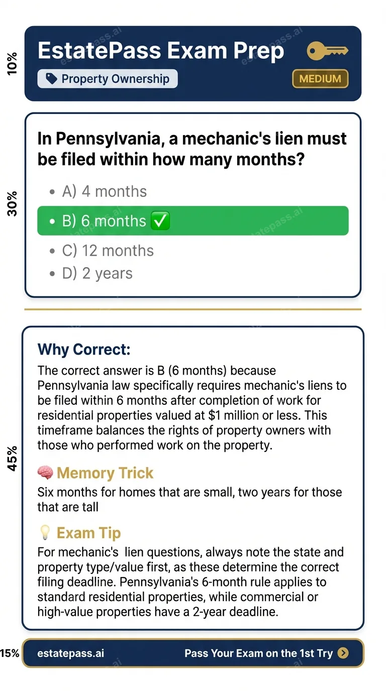 Study card infographic for: In Pennsylvania, a mechanic's lien must be filed within how many months?