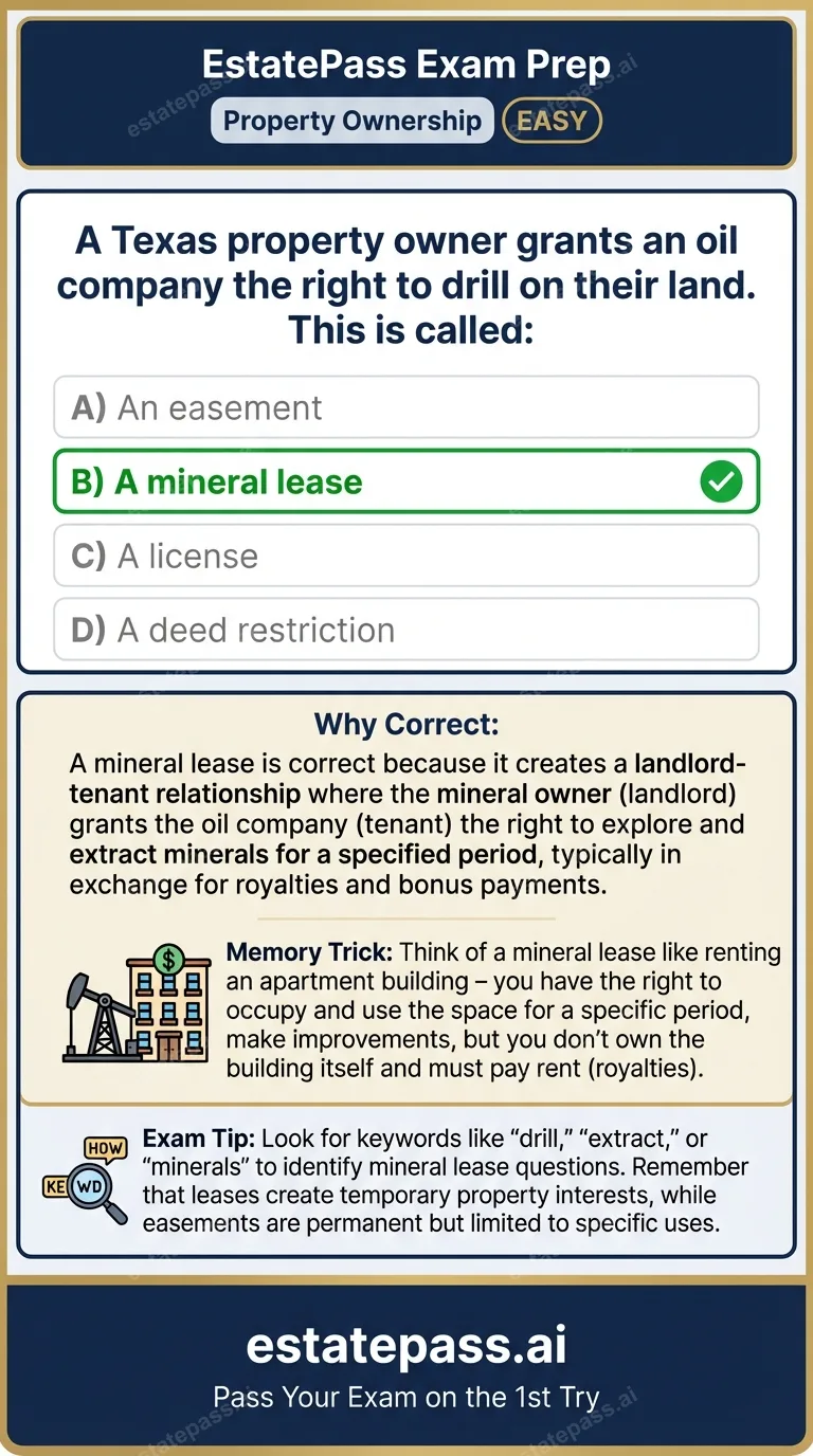 Study card infographic for: A Texas property owner grants an oil company the right to drill on their land. T