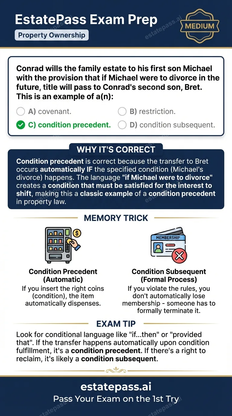 Study card infographic for: Conrad wills the family estate to his first son Michael with the provision that 