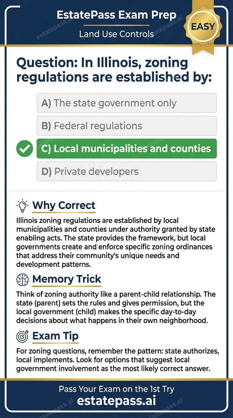 Study card infographic: In Illinois, zoning regulations are established by: