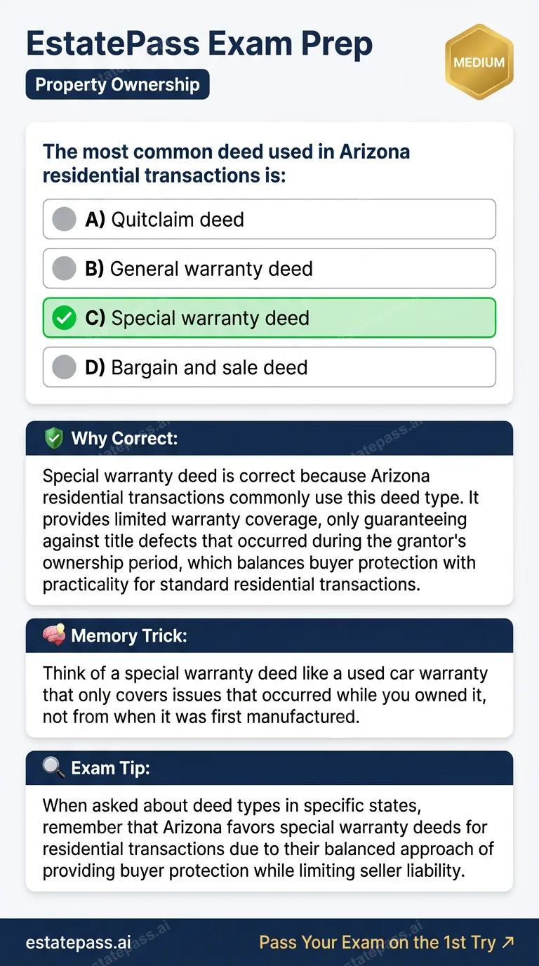 Study card infographic for: The most common deed used in Arizona residential transactions is: