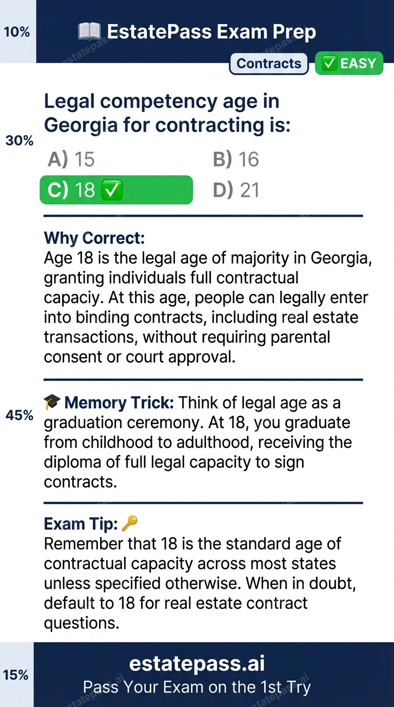 Study card infographic: Legal competency age in Georgia for contracting is: