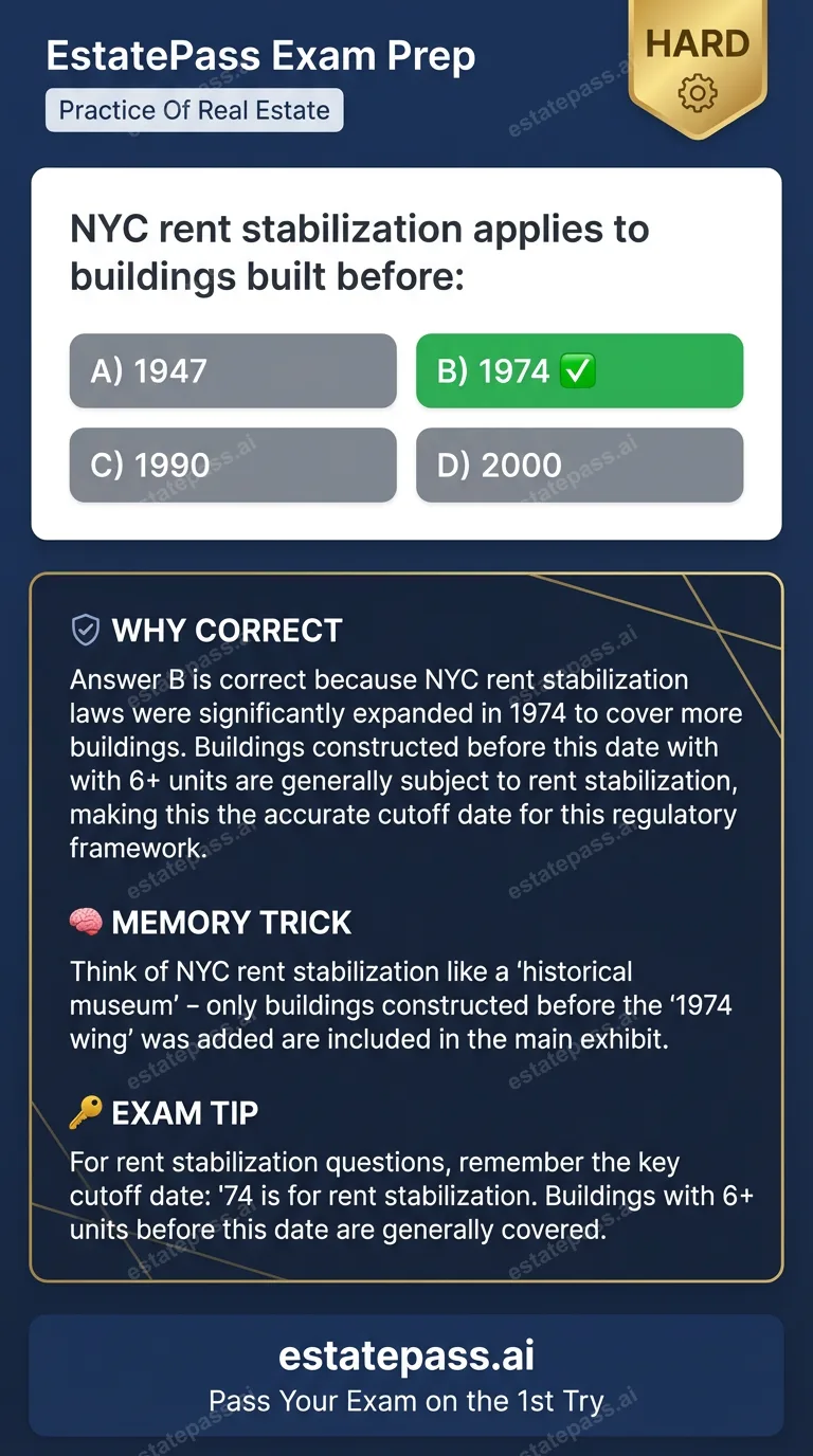 Study card infographic for: NYC rent stabilization applies to buildings built before: