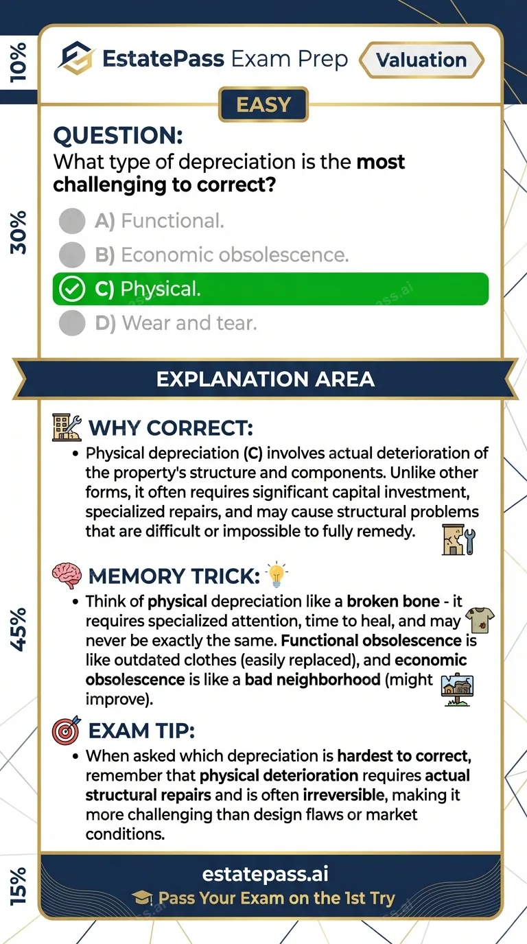 Study card infographic for: What type of depreciation is the most challenging to correct?