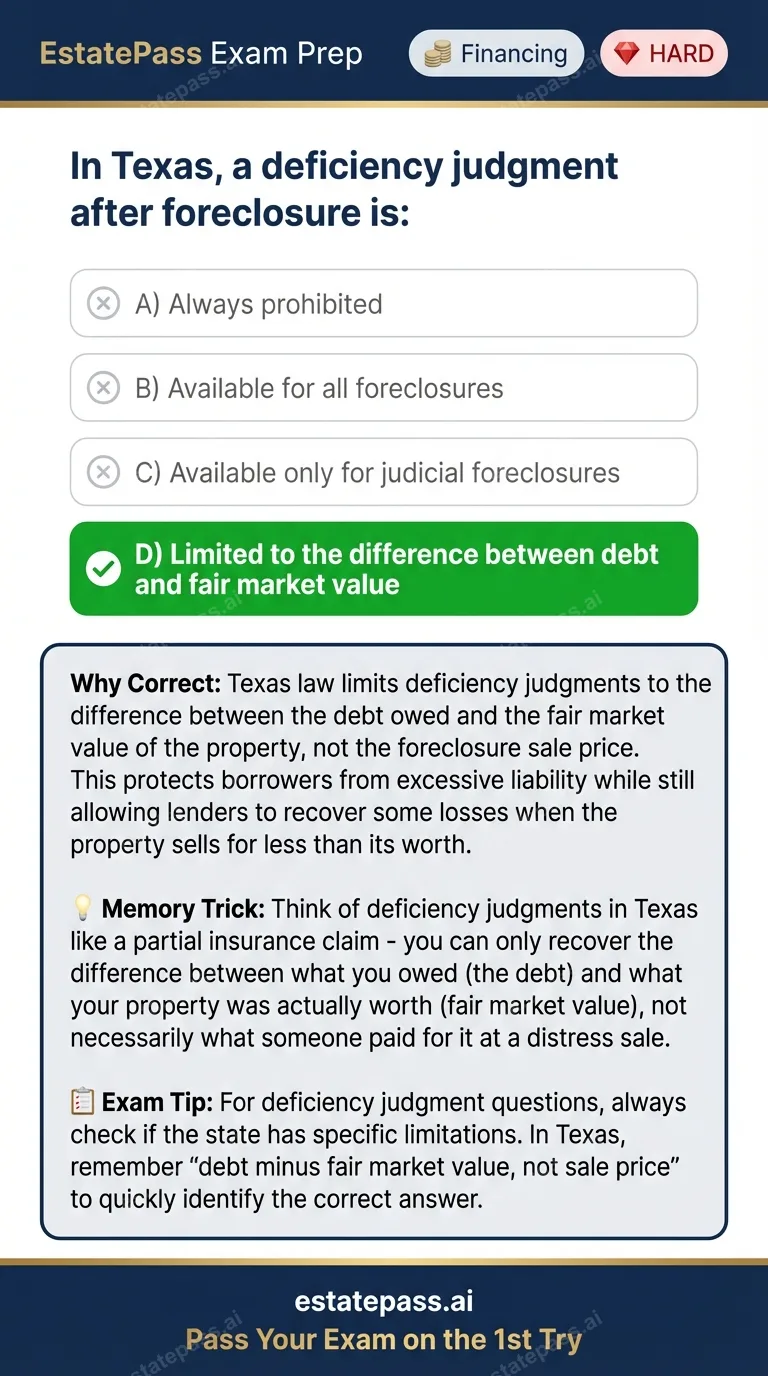 Study card infographic for: In Texas, a deficiency judgment after foreclosure is: