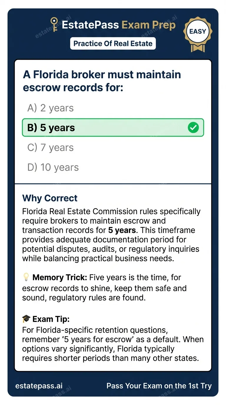 Study card infographic for: A Florida broker must maintain escrow records for:
