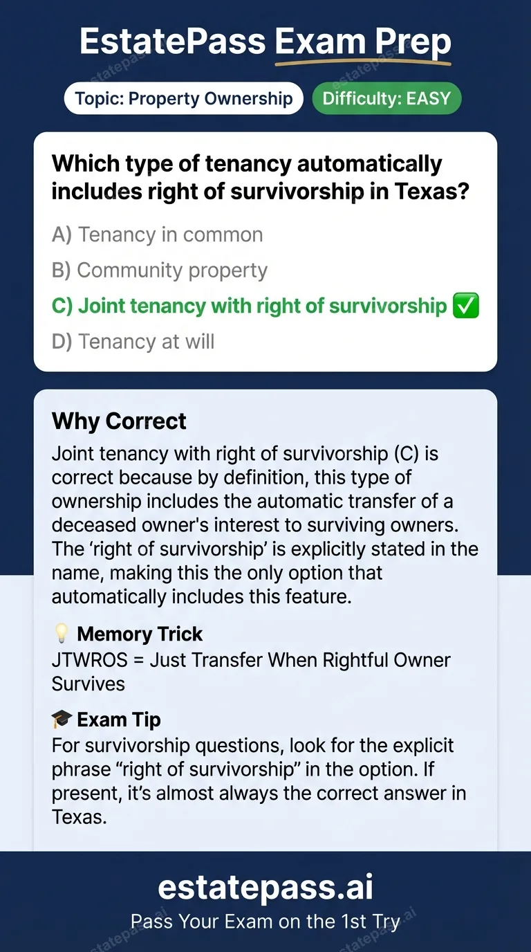 Study card infographic for: Which type of tenancy automatically includes right of survivorship in Texas?