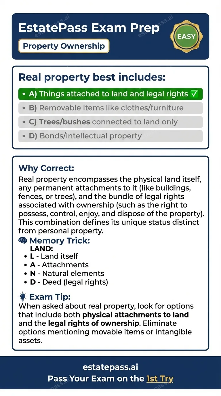 Study card infographic: Real property best includes: