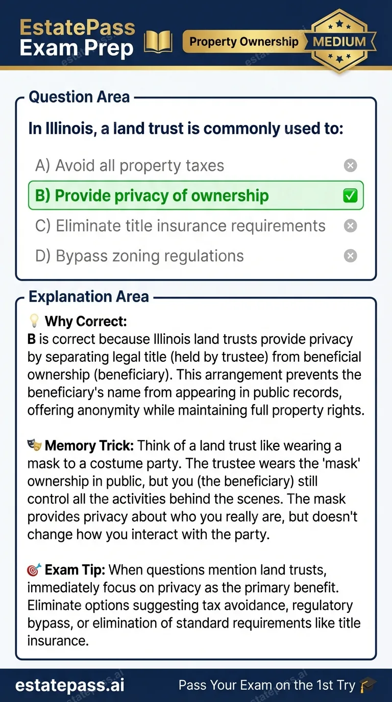 Study card infographic for: In Illinois, a land trust is commonly used to: