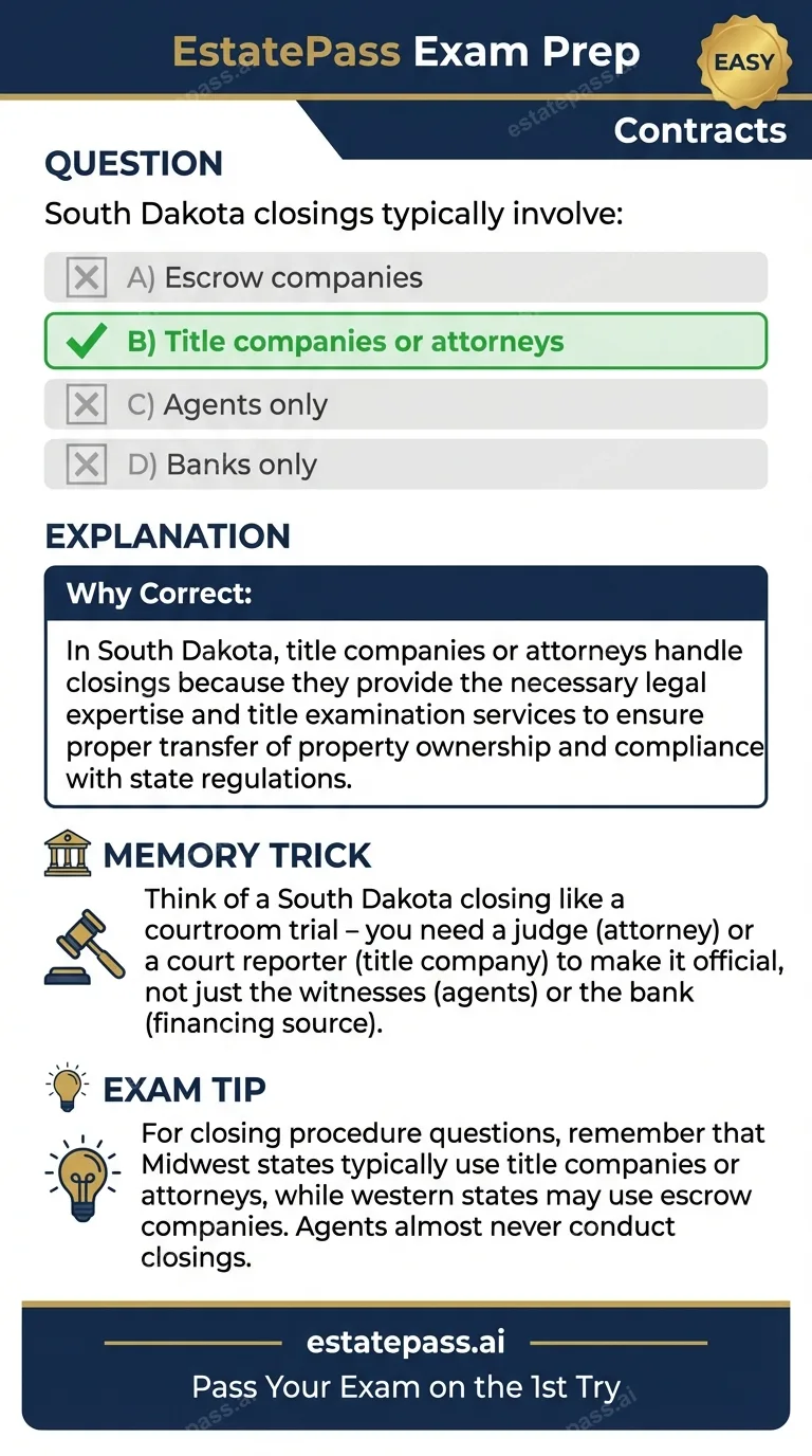 Study card infographic: South Dakota closings typically involve:
