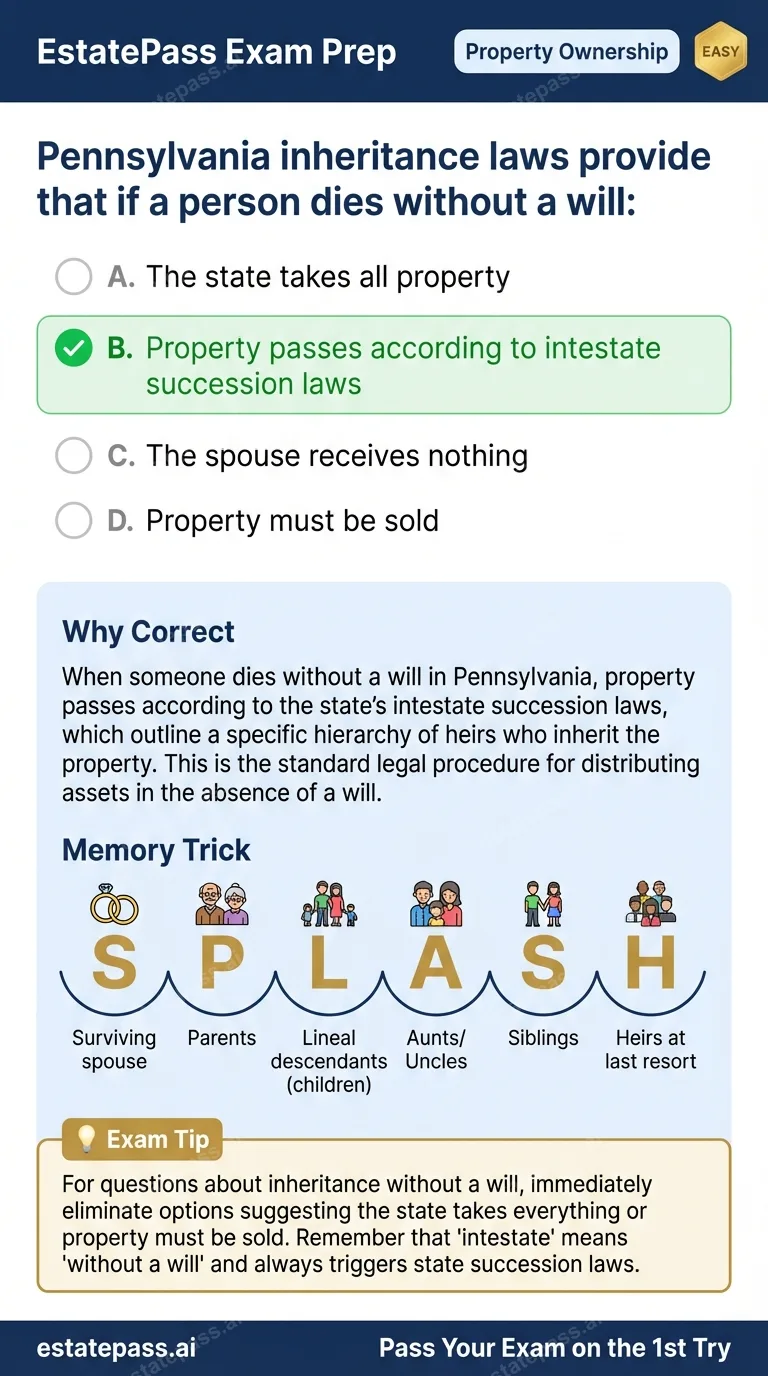 Study card infographic for: Pennsylvania inheritance laws provide that if a person dies without a will: