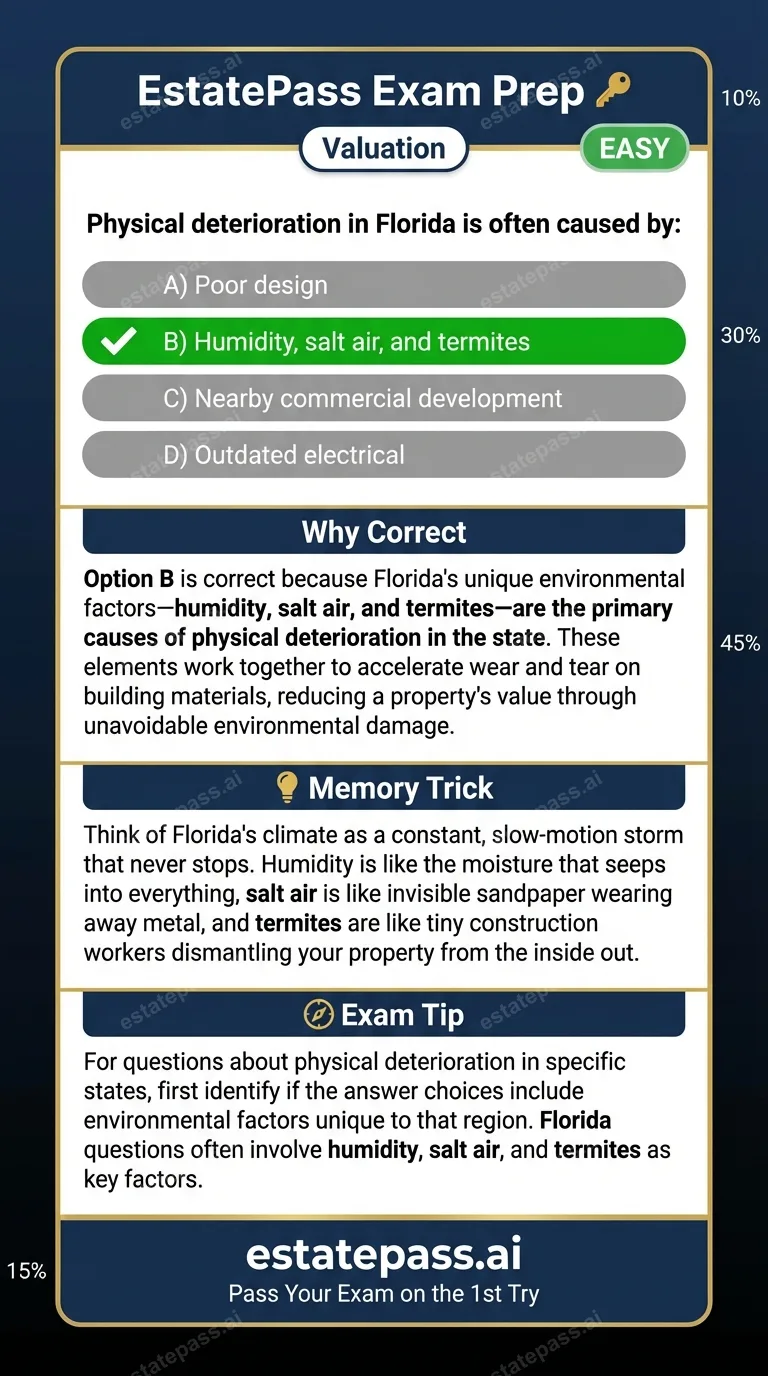 Study card infographic: Physical deterioration in Florida is often caused by: