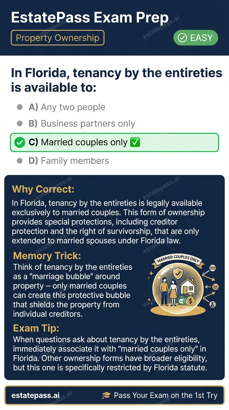 Study card infographic for: In Florida, tenancy by the entireties is available to: