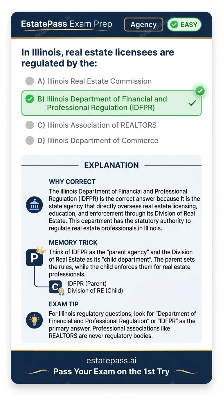 Study card infographic for: In Illinois, real estate licensees are regulated by the: