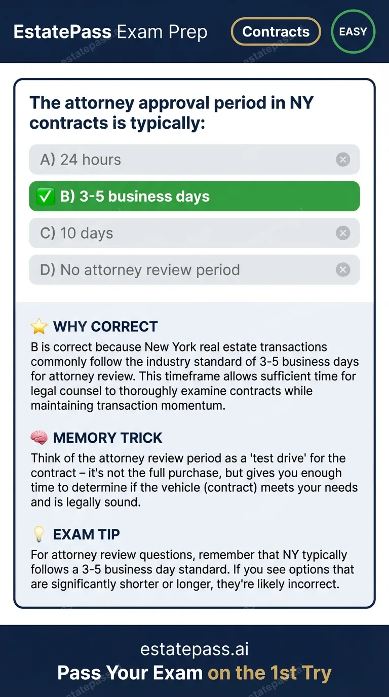 Study card infographic: The attorney approval period in NY contracts is typically: