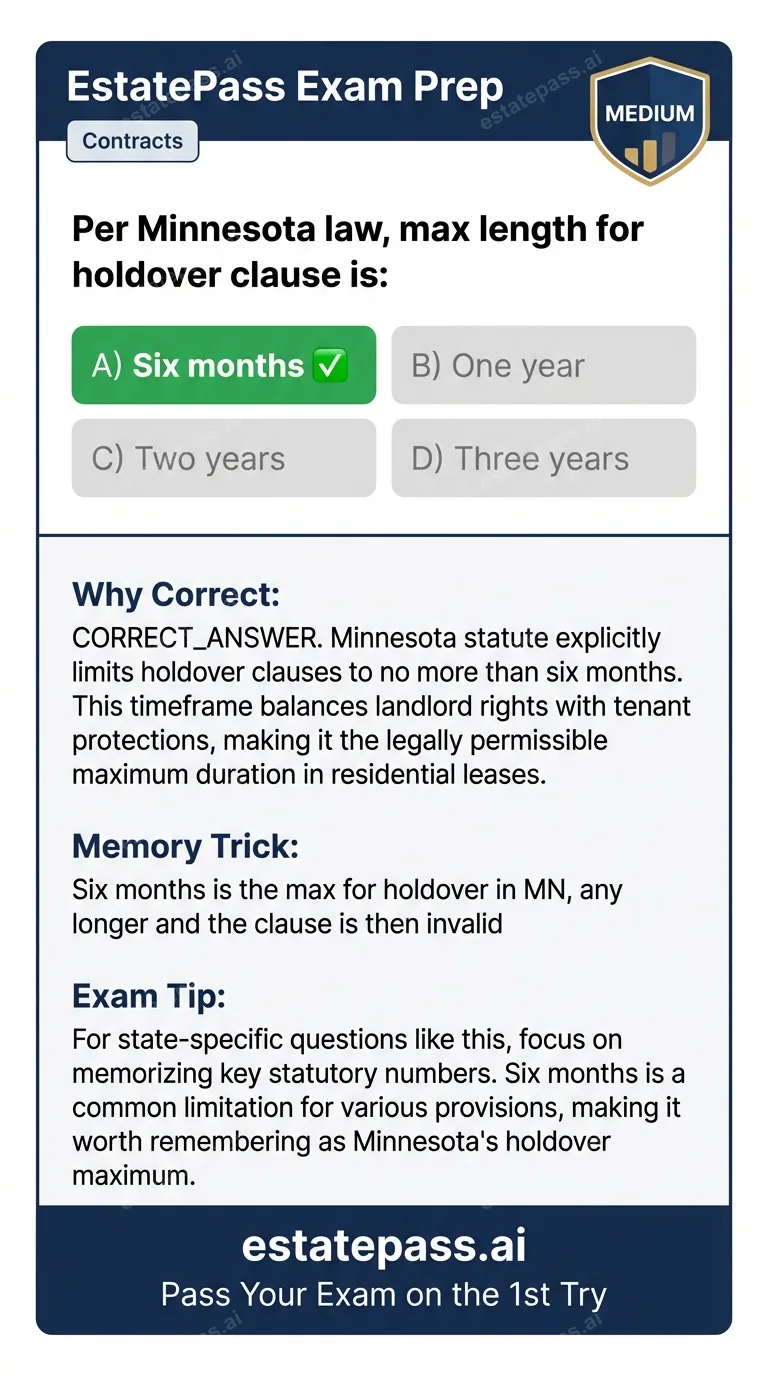 Study card infographic: Per Minnesota law, max length for holdover clause is: