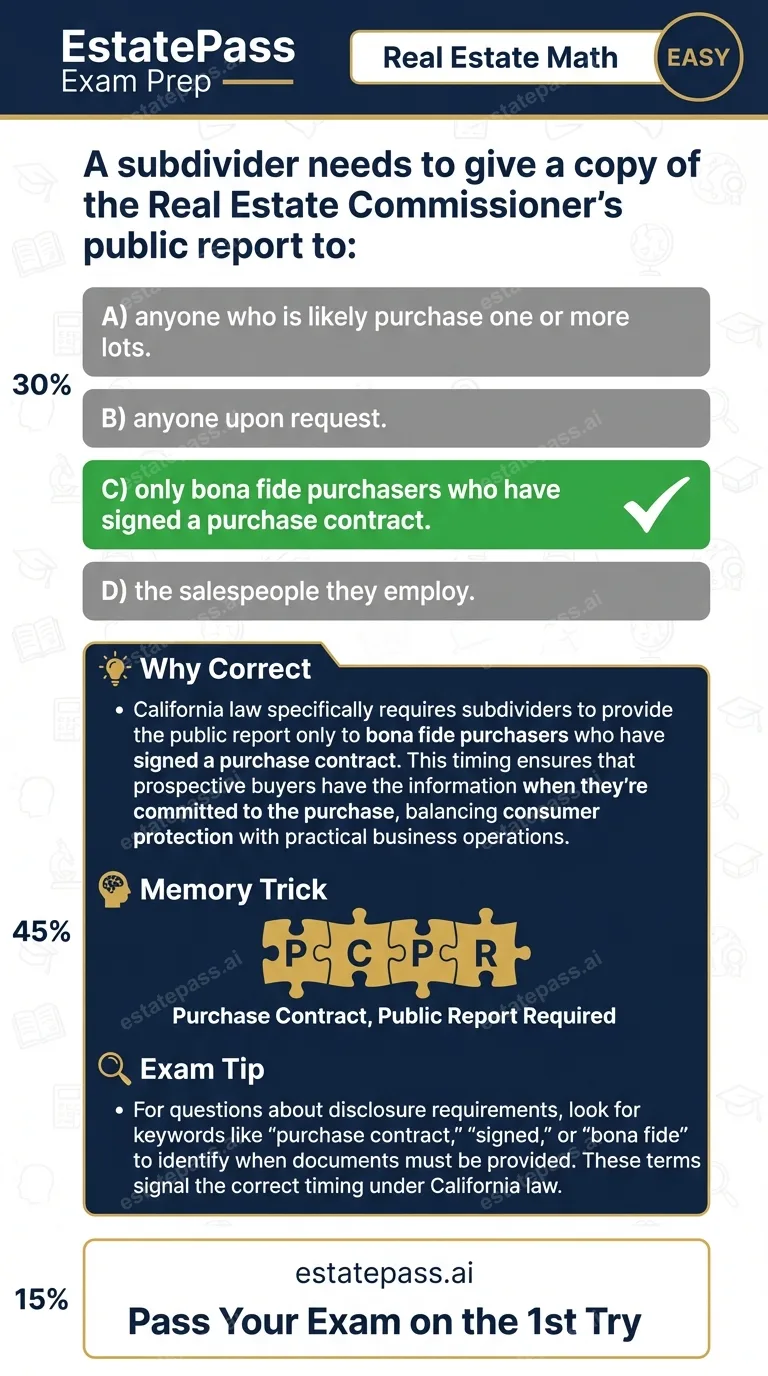 Study card infographic for: A subdivider needs to give a copy of the Real Estate Commissioner’s public repor