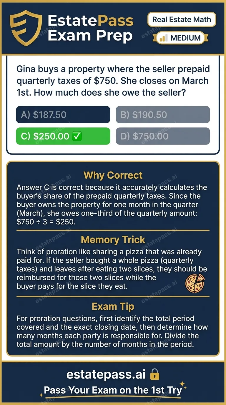 Study card infographic for: Gina buys a property where the seller prepaid quarterly taxes of $750. She close