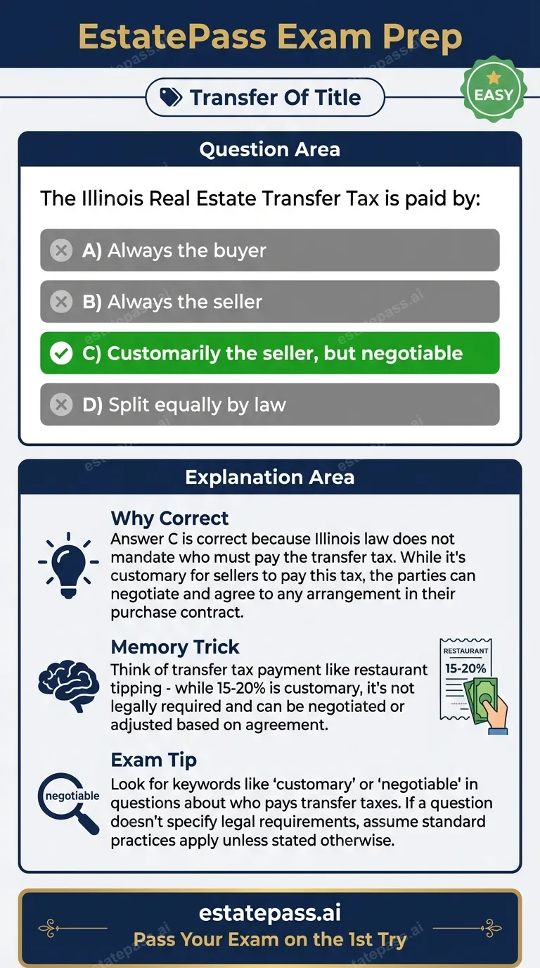 Study card infographic: The Illinois Real Estate Transfer Tax is paid by: