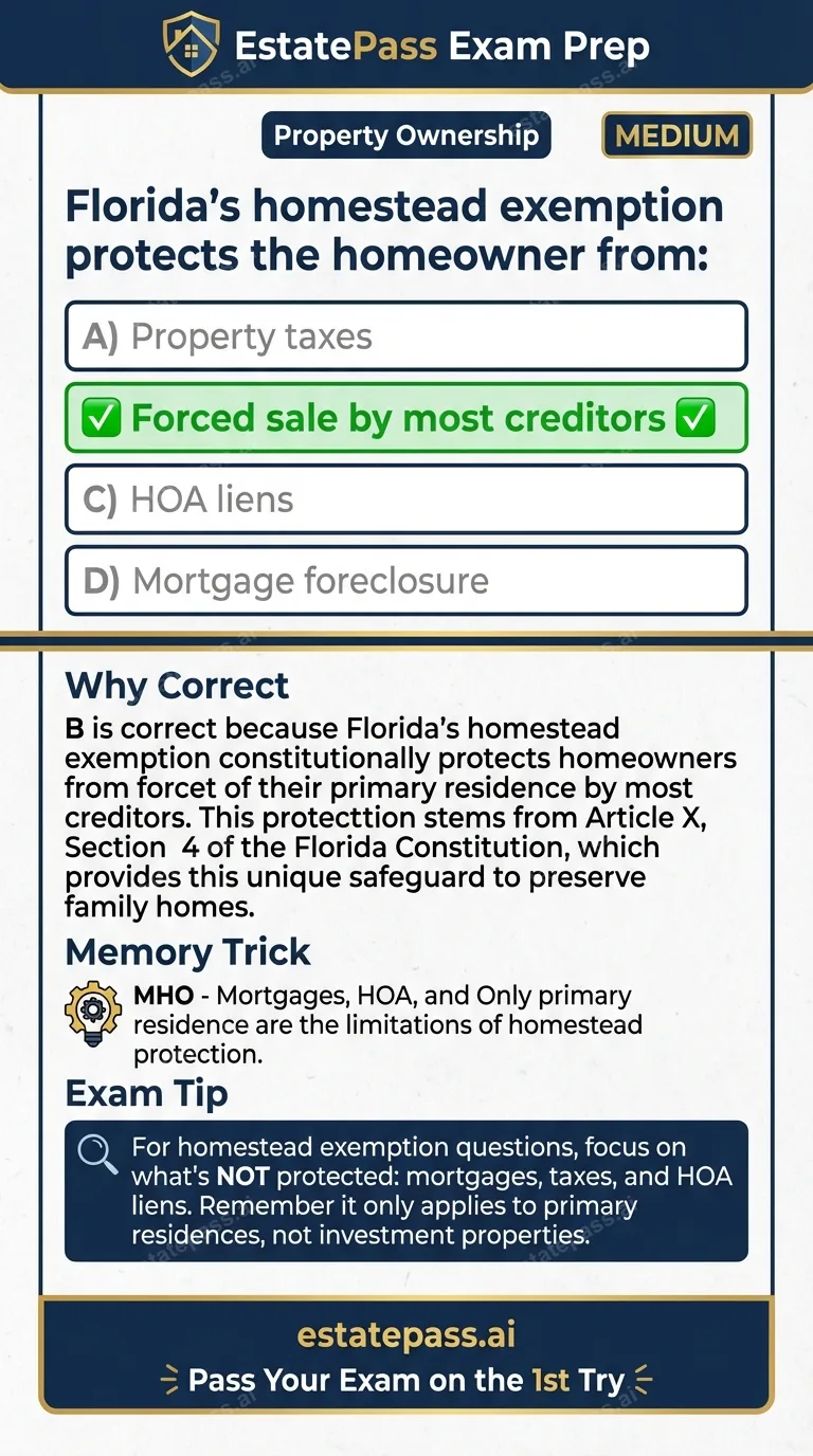 Study card infographic for: Florida's homestead exemption protects the homeowner from: