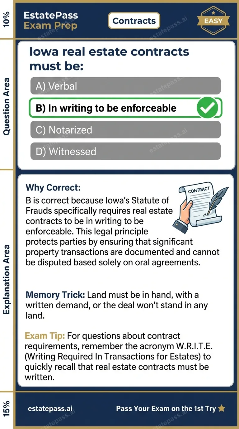 Study card infographic: Iowa real estate contracts must be: