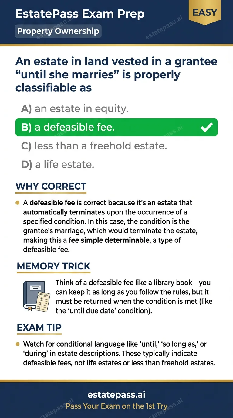 Study card infographic for: An estate in land vested in a grantee “until she marries” is properly classifiab