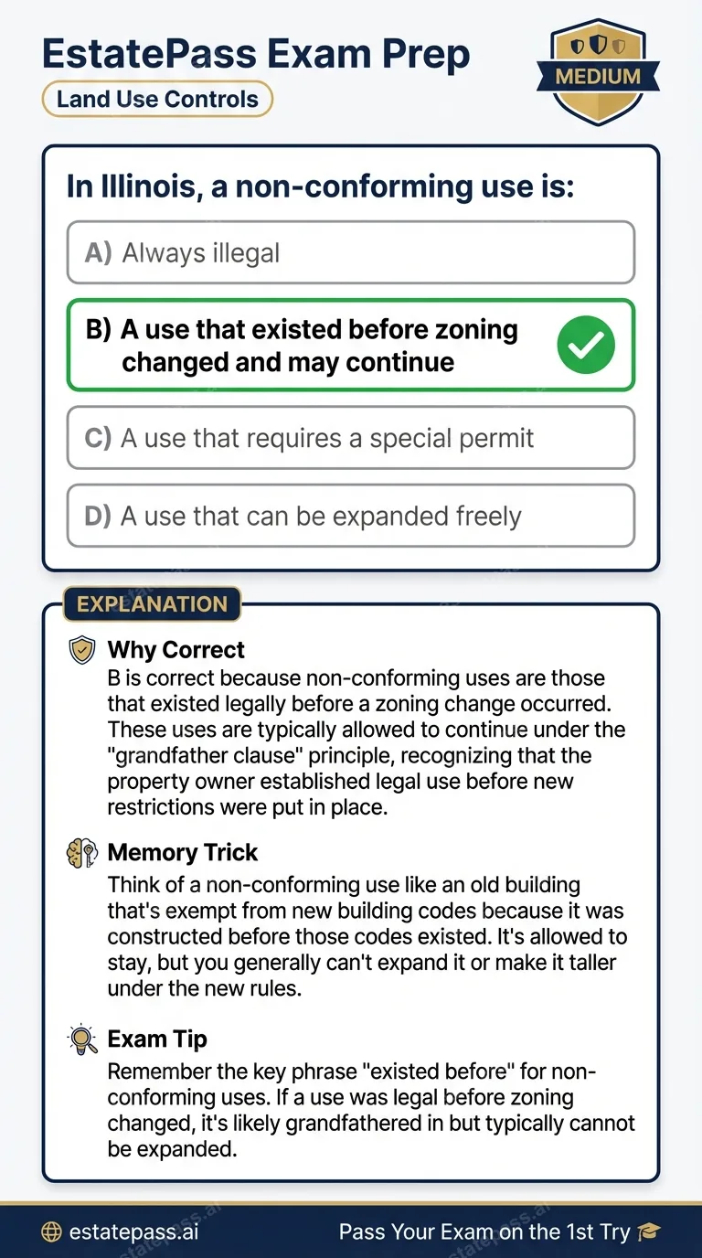 Study card infographic: In Illinois, a non-conforming use is: