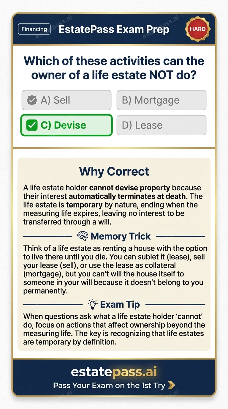 Study card infographic: Which of these activities can the owner of a life estate NOT do?