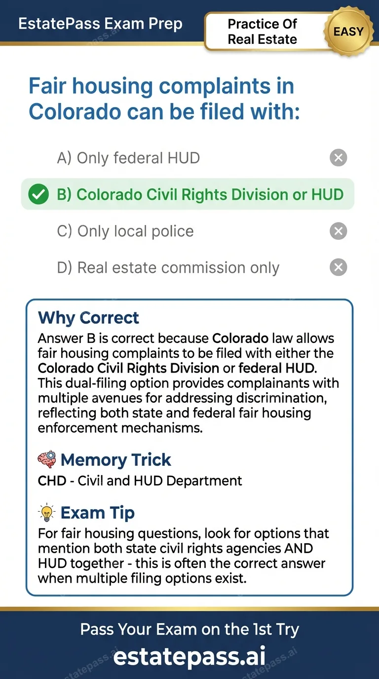 Study card infographic: Fair housing complaints in Colorado can be filed with: