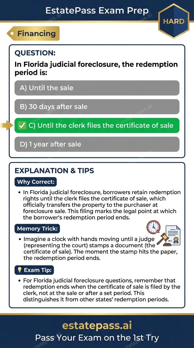 Study card infographic for: In Florida judicial foreclosure, the redemption period is: