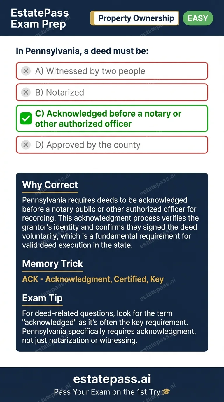 Study card infographic for: In Pennsylvania, a deed must be: