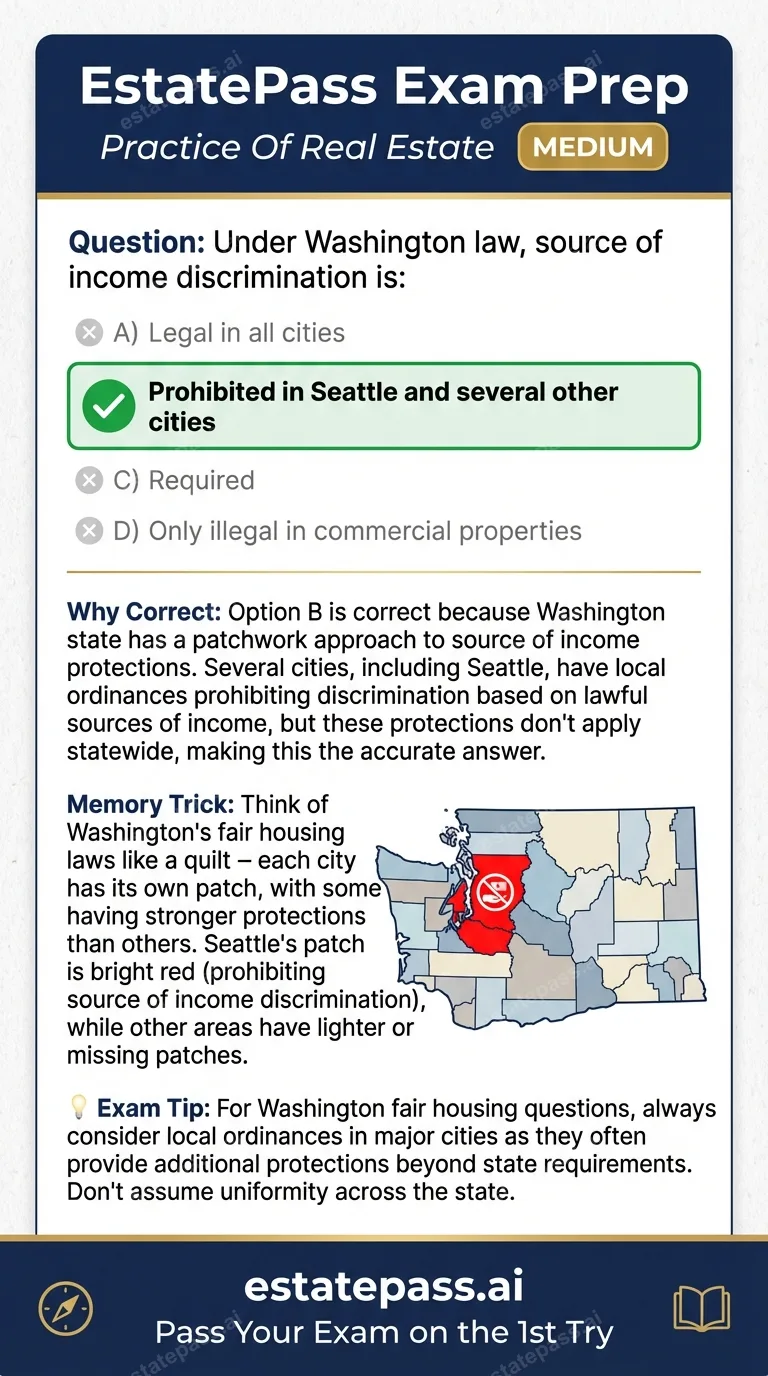 Study card infographic: Under Washington law, source of income discrimination is: