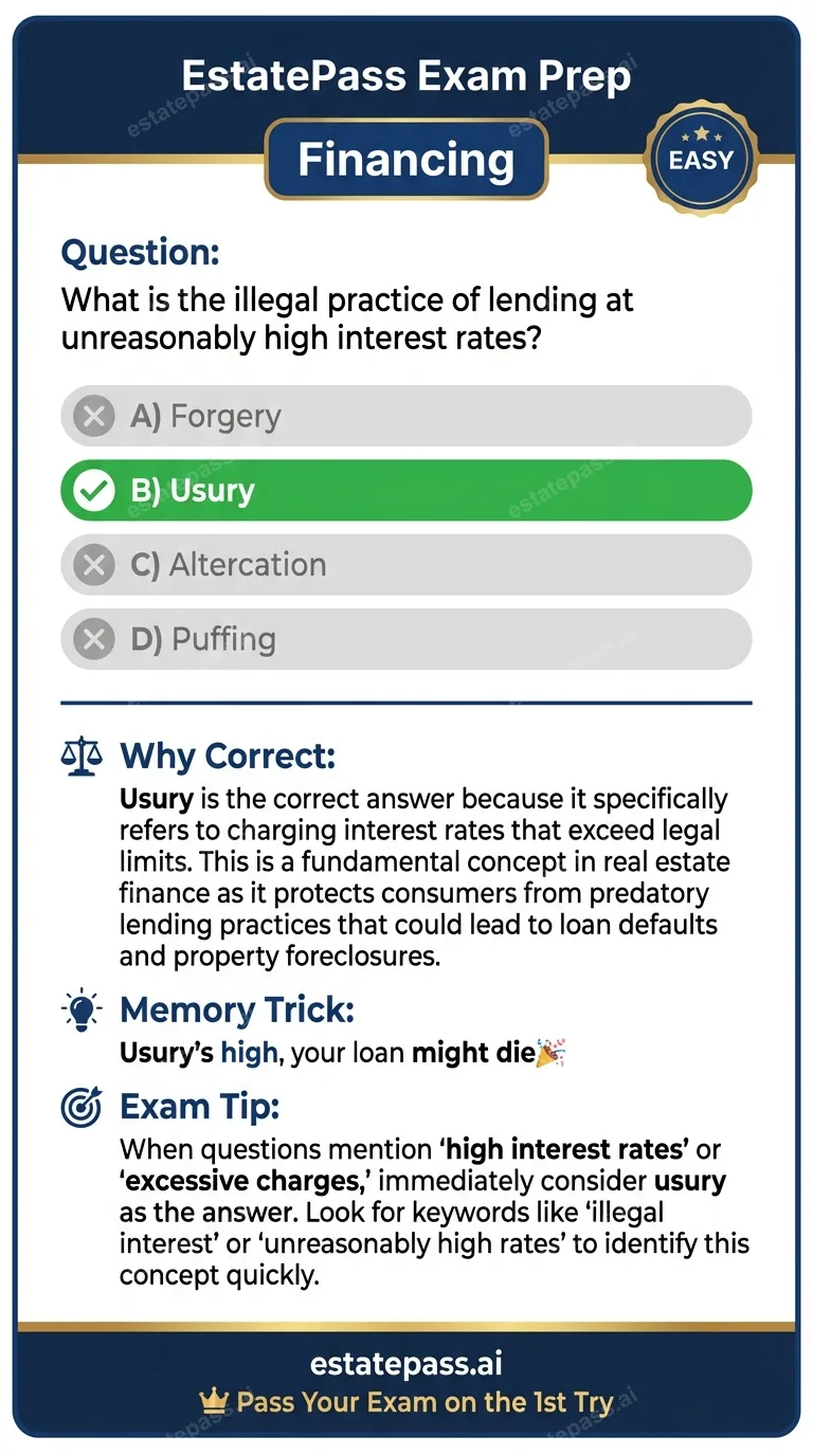 Study card infographic: What is the illegal practice of lending at unreasonably high interest rates?