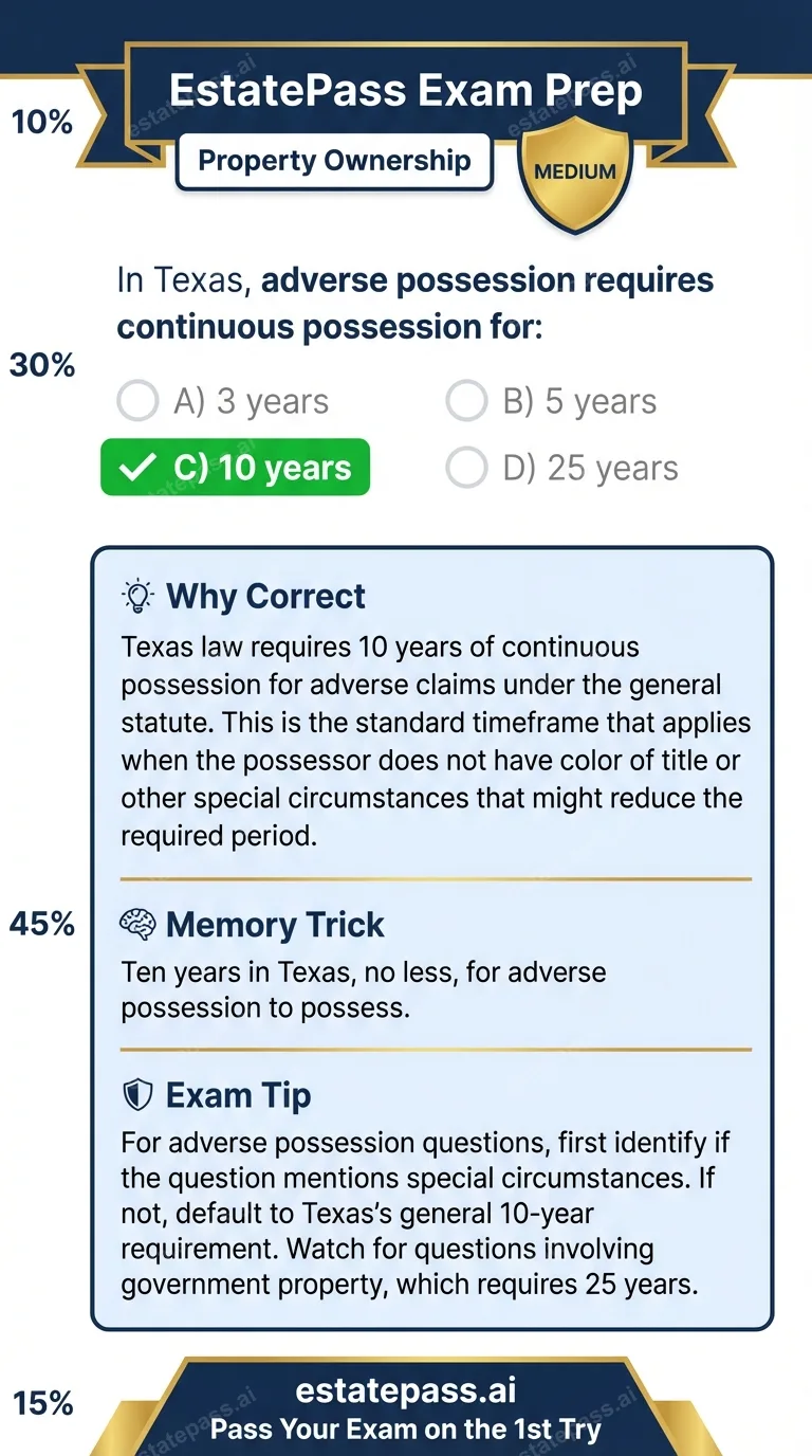 Study card infographic for: In Texas, adverse possession requires continuous possession for: