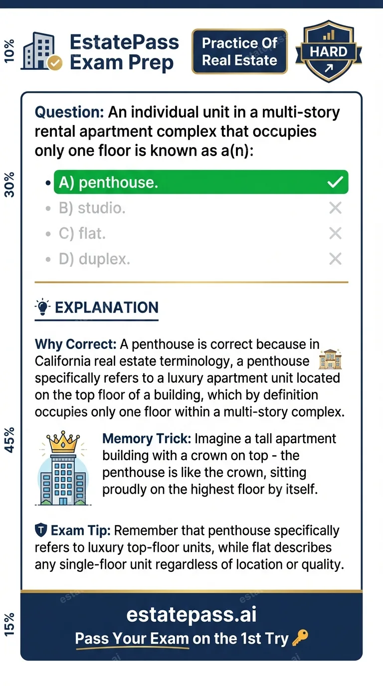 Study card infographic for: An individual unit in a multi-story rental apartment complex that occupies only 
