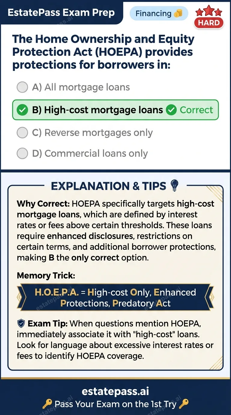 Study card infographic: The Home Ownership and Equity Protection Act (HOEPA) provides protections for bo