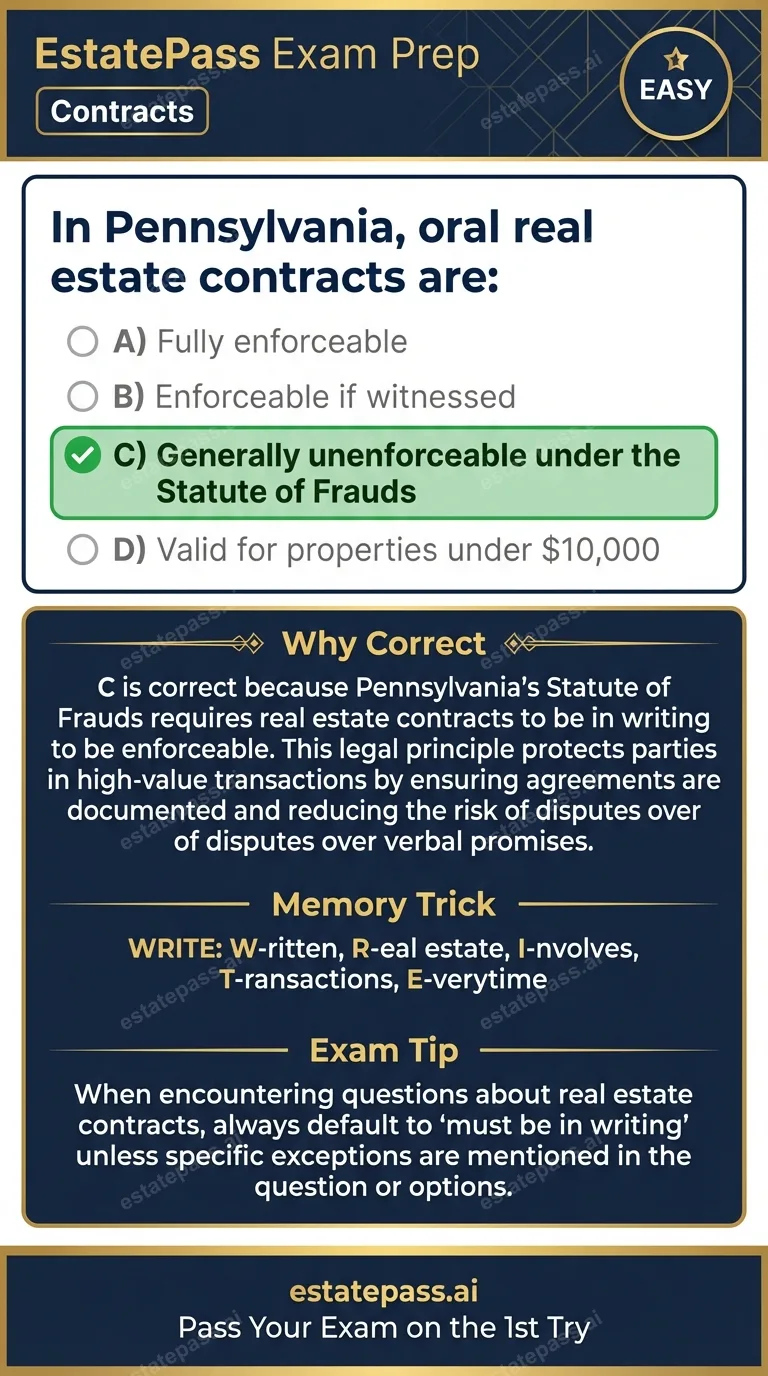 Study card infographic for: In Pennsylvania, oral real estate contracts are: