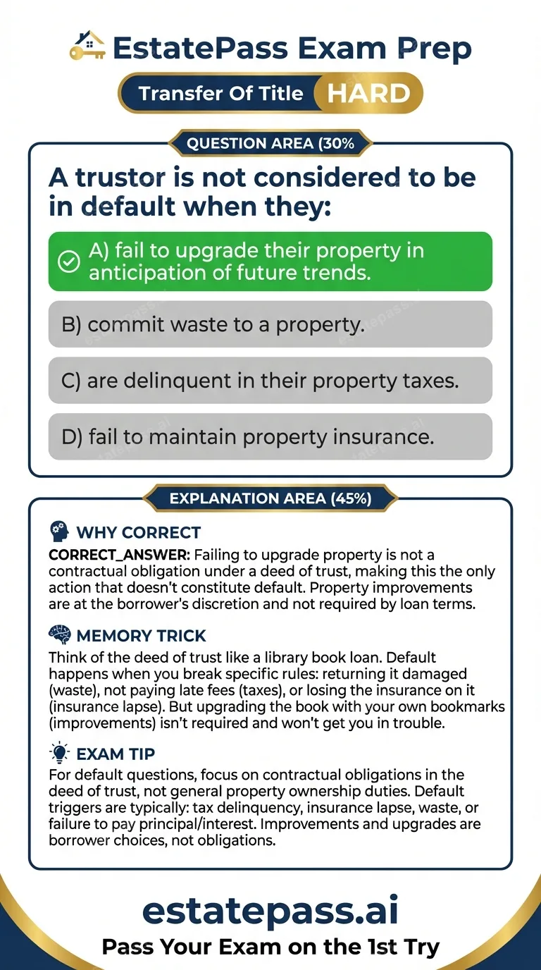 Study card infographic: A trustor is not considered to be in default when they: