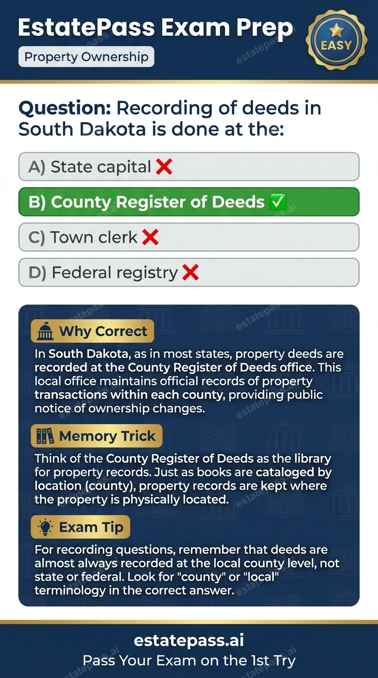 Study card infographic: Recording of deeds in South Dakota is done at the: