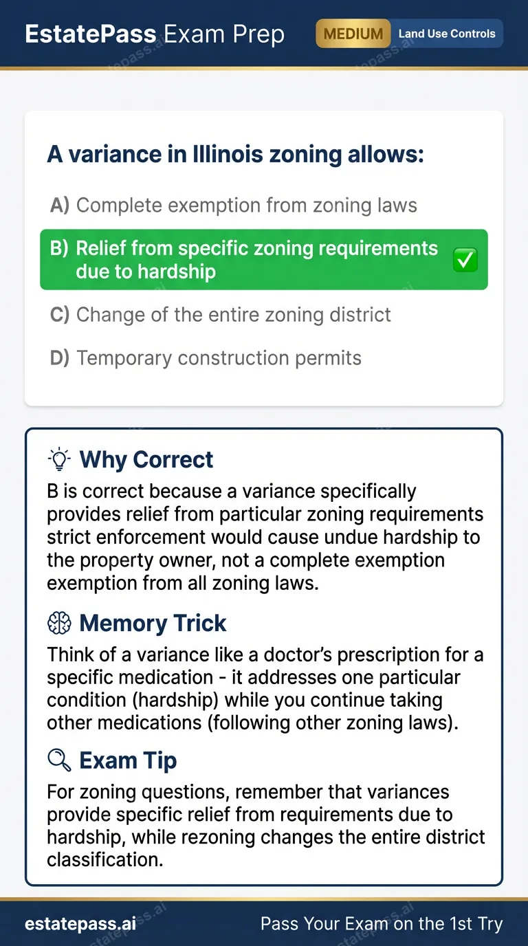 Study card infographic: A variance in Illinois zoning allows:
