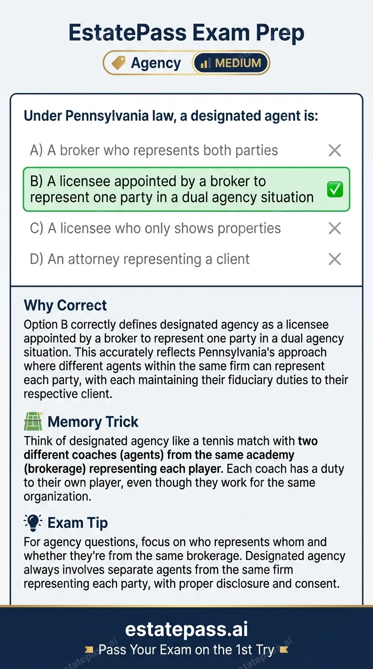 Study card infographic for: Under Pennsylvania law, a designated agent is: