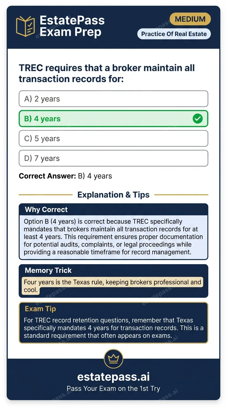 Study card infographic: TREC requires that a broker maintain all transaction records for: